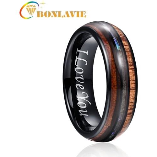 BONLAVIE 6mm Hawaiian Koa Wood and Abalone Shell Tungsten Carbide Rings Wedding Bands for Men