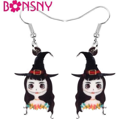 Bonsny Acrylic Halloween Magical Hat Girl Doll Earrings Drop Dangle Festival Jewelry Lady Girl Teen Charm Gift Party Decoration