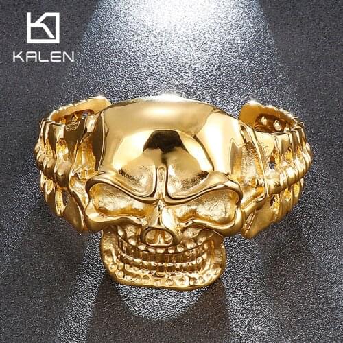 Kalen Gothic Skull Heavy Bangles Bone Stainless Steel Mens Rock Bracelet Wristband Jewelry