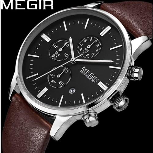 MEGIR Watch Men Waterproof Chronograph Military Male Clock Top Brand Luxury Genuine Leather Business Man Sport Wristwatch 2011