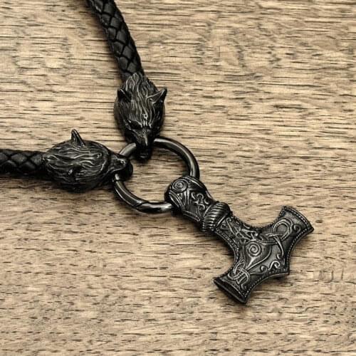 Viking Wolf Head Doubles Color Thors Hammer Pendant Necklace Leather Chain Mens Necklaces Nordic Odin Amulet Jewelry