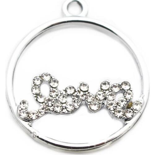 Hot Sale 20pcs/lot Metal Silver Round Love Crystal Lobster Clasp Dangle Charms For DIY Bracelet Necklace Jewelry Making