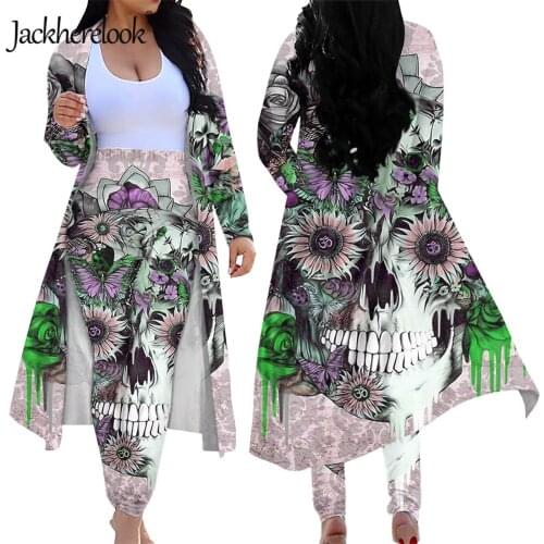 Jackherelook Plus Size Cardigan Bodycon Tight Skinny Long Pants 2 Piece Pink Sugar Skull Flower Brand Design High Waist Legging