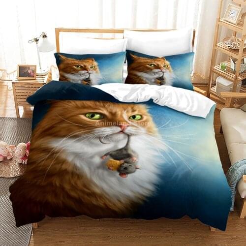 Cute Cat Bedding Set Animal Yellow 3D Print Comforter Kids Duvet Cover Set Bed Linen Bedroom Home Textile Luxury King Queen Size