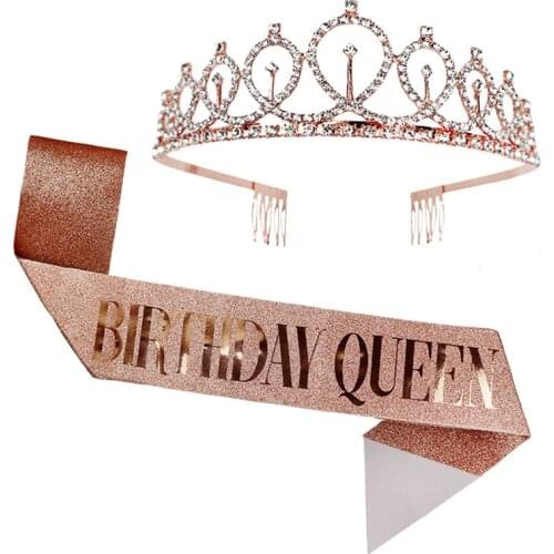 Rose Gold Bling Rhinestone Crystal Crown Tiara Girl Birthday Decor Happy 18 21 30 40 50th Birthday Satin Sash Party Supplies