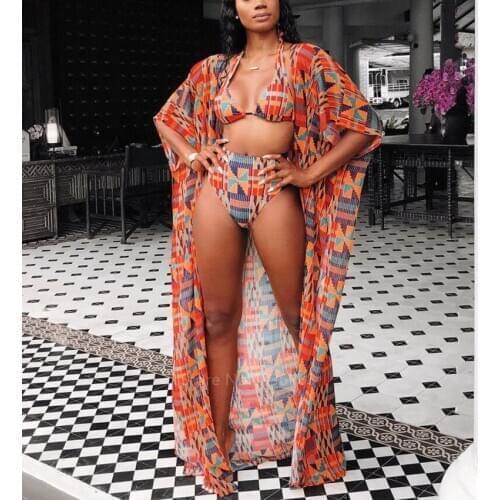 Fashion African Clothes Women Dahsiki Summer 3Pcs Bikini Suit Robe Africaine African Dresses Ethnic Ladies Swimsuit Clothing