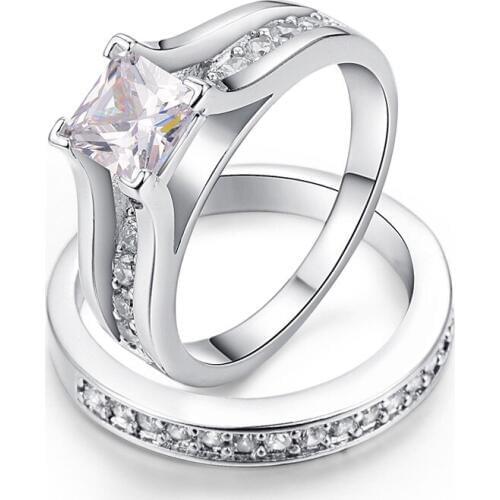 Fashion 2Pcs/set Crystal Engagement Ring For Women Men Silver Wedding Charm Lovers Rings Female Jewelry Valentines Day Gifts