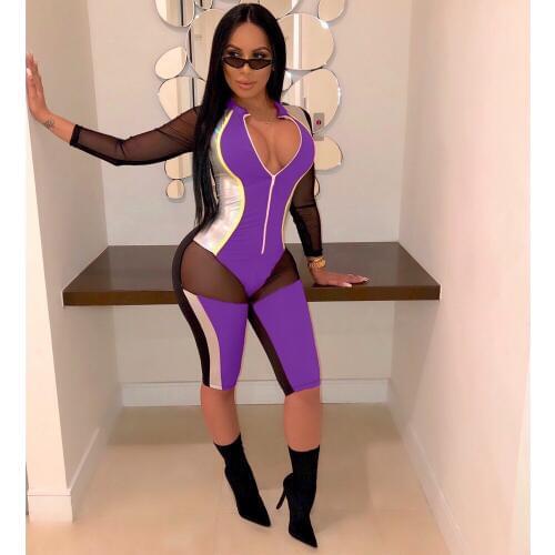OKAYOASIS Free Shipping Sexy Women O-neck Long Sleeve Mesh Bodycon Summer Playsuit Elegant Casual Rompers Overalls