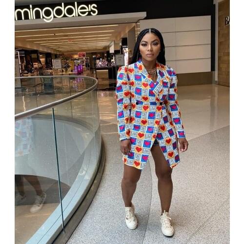 Echoine Autumn Casual Heart Print Blazer Suit Long Sleeve Jacket Women Streetwear Party Club Sexy Outfits Office Blazer Suit