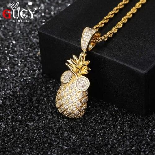 GUCY Hip Hop Rock Gold Pineapple Shaped Necklace & Pendant With 4mm Tennis Ball Chain Micro Spread Cubic Zircon Jewelry
