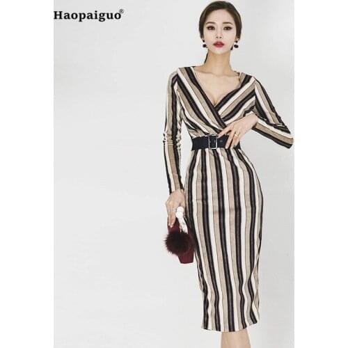 Plus Size Striped Pencil Dress Dress 2018 Autumn Women Full Sleeve V-neck Knee-length Sexy Office Lady Dress Work Casual Dresses