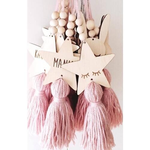 Nordic Style Cute Star Cat Shape Wooden Beads Tassel Pendant Kids Room Decoration Wall Hanging Ornament For Photography