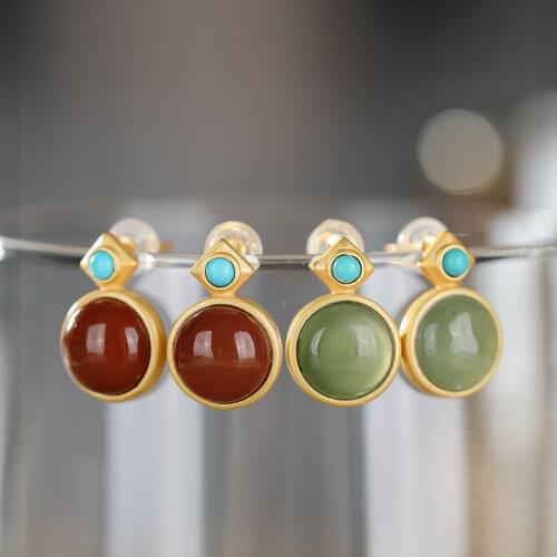 S925 Sterling Silver South Red Stud Earrings Inlaid Natural Hetian Jade round Personality Retro round Temperament Stud Earrings