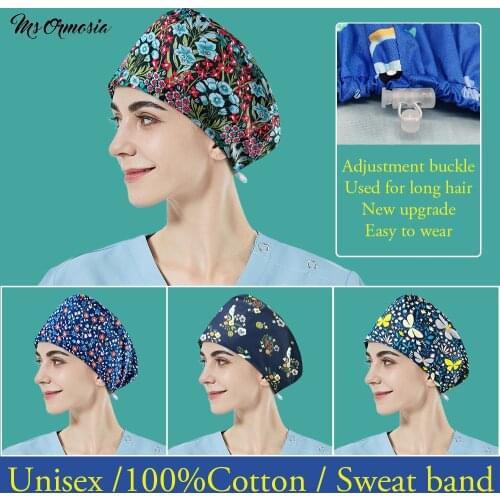 Flower Printing Beautician Work Hats for Long Hair Unisex Operating Room Doctor Hats with Sweat-absorbent Lab Dustproof Work Cap