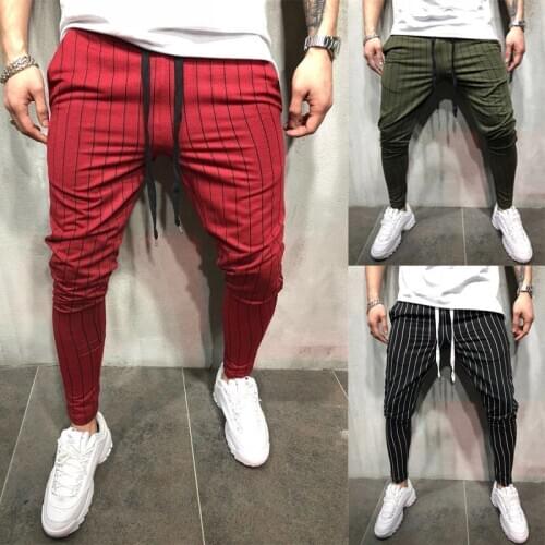 Vertical Stripe Pencil Pants Men Slim Fit Skinny Trousers Joggers Trackpant Casual Drawstring Male Sweatpants Pantalones Hombre