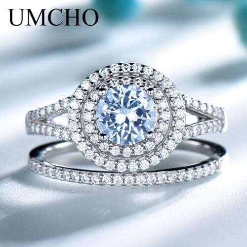 UMCHO 925 Sterling Silver Rings Nano Sky Blue Topaz Trendy Wedding Gemstone Double Ring Girls Engagement Party Gift Fine Jewelry