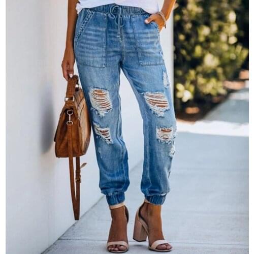 Woman High Waist Casual Ripped Pencil Denim Pants Elastic Waist Full Length Vintage Womens Jeans Pants