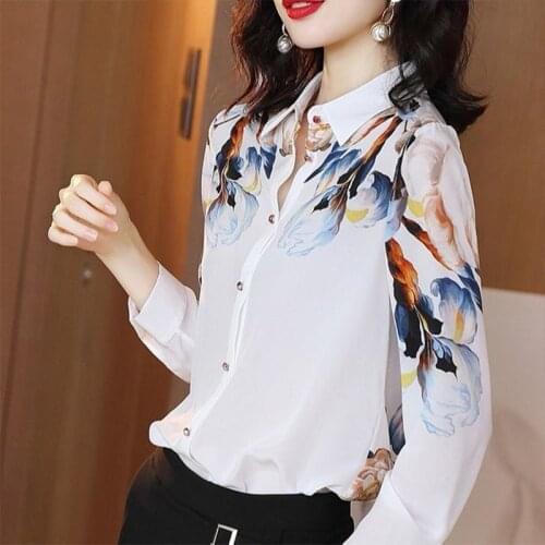 Womens Spring Autumn Style Blouses Shirts Womens Button Long Sleeve Printed Turn-down Collar Casual Tops SP602