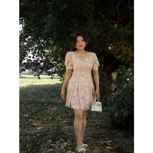 Summer New Arrival French Style Big Size Vintage Square Collar Floral Dress Loose Cool