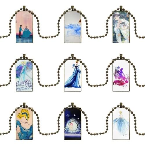 Cinderella Watercolor For Women Fashion Jewelry Glass Pendant Necklace Handmade Half Pendant Rectangle Necklace