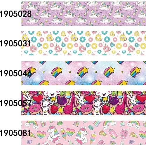 2019 New style rainbow and unicorn printed grosgrain ribbons, 15mm unicorn fold over elastic for hair ties