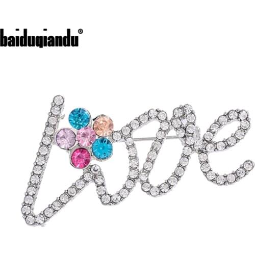 Baiduqiandu Women Love Letters Brooches Full Crystal Rhinestones Brooches Pins Sweet Romantic Clothes Jewelry Lover Gift