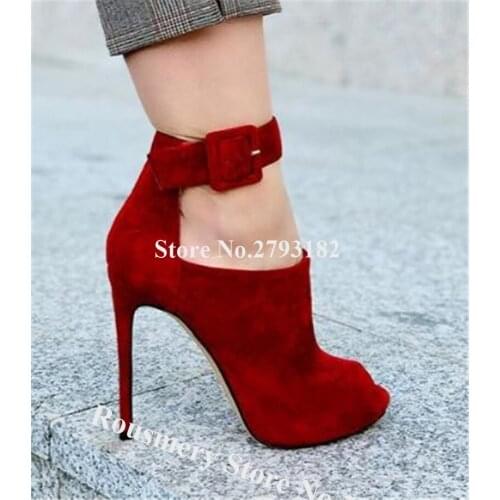 Fashion Style Peep Toe Suede Leather Stiletto Heel Short Gladiator Boots Cut-out Ankle Strap Buckle High Heel Ankle Booties