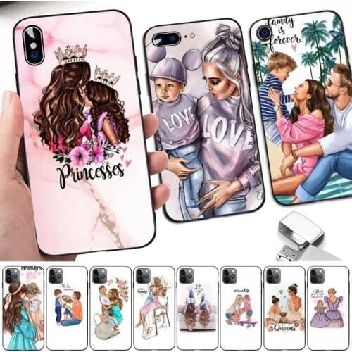 TOPLBPCS Black Brown Hair Baby Mom daughter Girl Son Dad Phone Case for iPhone 8 7 6 6S Plus X 5S SE 2020 XR 11 12 pro XS MAX