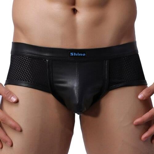 Men Underwear Shorts Lingerie Sexy Mesh PU Leather Pouch Boxer Shorts Clubwear Panties
