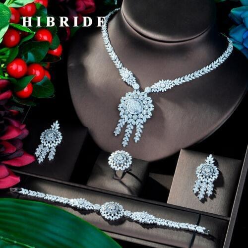 HIBRIDE Beauty Flower Nigeria CZ Crystal Wedding Bridal Jewelry Sets For Wedding Accessories Jewelry Necklace Bangle Sets N-797