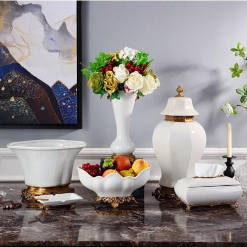 Ceramic with copper tissue box ornament inlaid with copper Chinese three piece suit living room American simple vase tea table