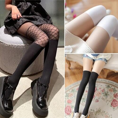 Sexy Black Women Pantyhose Fake Mesh Temptation Nylon Stockings Ladies Summer Thin Dress Tights Over Knee Socks Lingerie