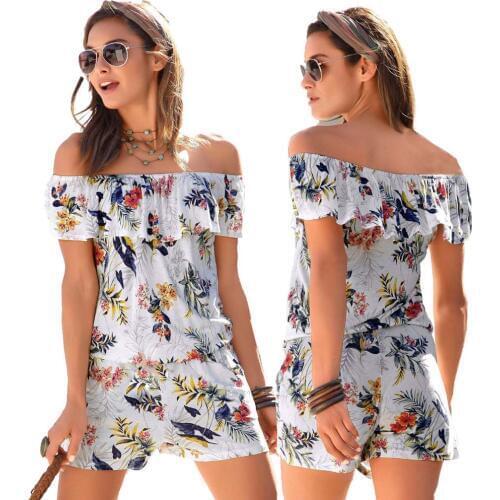Sexy off Shoulder short Sleeve jumpsuit women romper 2019 summer women lady Print floral shorts beach ruffles bodysuit overalls