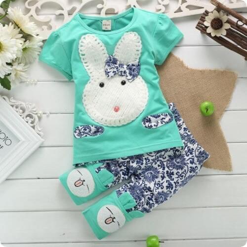 2PC Baby Kids Girl Clothes Sets Shirt Tops + Short Pants Set Flower Bunny Clothes Cute White Rabbit Girl 1-4Y