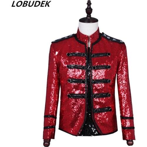 Tide Male Singer Vocal Concert Costume Sparkly Red Sequins Crystals Jacket Coat Nightclub Bar Dancer Punk Jazz Dance Outerwear