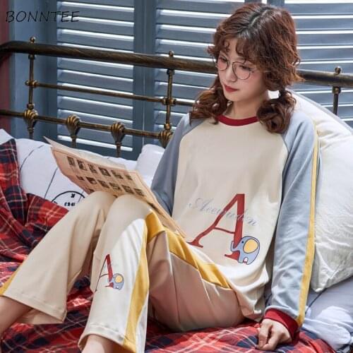 Pajama Sets Women Print Loose O-Neck Long Sleeve Cute Student Cotton Autumn Female Sleepwear Fashion Daily Leisure Soft Ulzzang