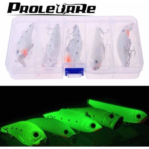 Proleurre 5pcs/lot Night Fishing Lure bait Kit VIB Popper Crankbait Minnow Pencil Luminous Artificial Bait With Lure Box