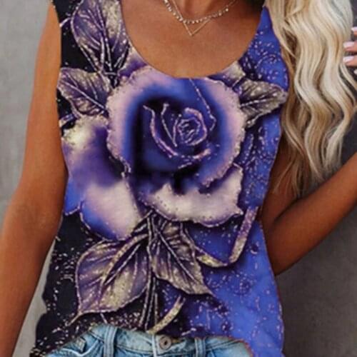 Plus Size 5XL Summer O-neck Women 3D Printing Rose Sleeveless Loose Vest Harajuku T-shirt Pullover Fashion Corset Top Streetwear