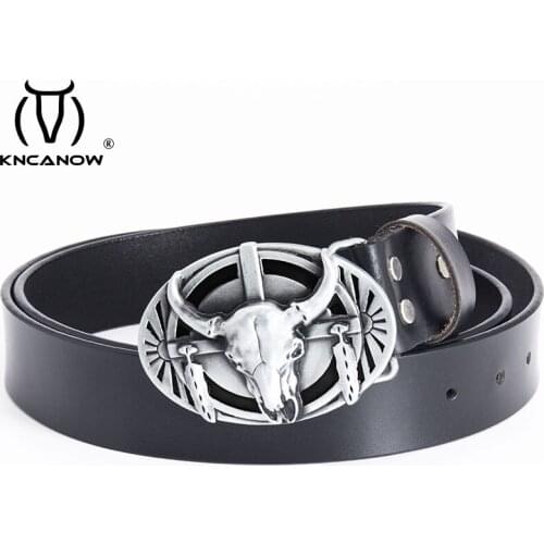 High Quality Solid 3d Punk Big Domineering Bull Head Buckle Western Cowboy Genuine Leather Pattern Retro Strap Men Accessories