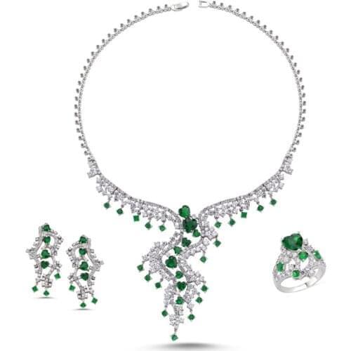 Silverlina Silver Emerald Zircon Stone Pendant, Ring and Earrings Set