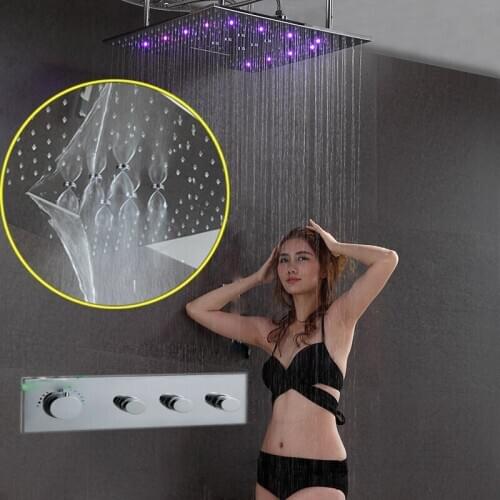 Modern LED Bathroom Faucet Set 24 Inch Glow Shower Head Extension Arm In Wall 3Way Shower Diverter Valve Thermostatic Bath Mixer
