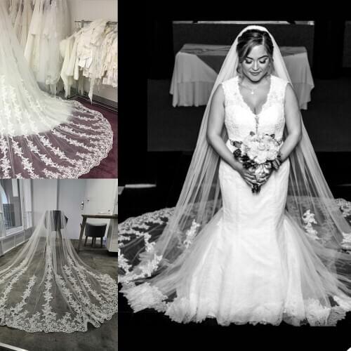 White Ivory Wedding Veils 3m Glitters Lace Appliques Chapel Train Wedding Prom Wraps Accessories