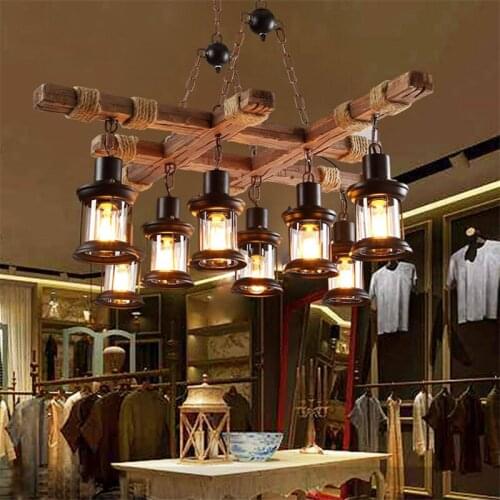 Led Pendant Lights Retro Wood Hanging Lamp 8 Head Vintage Industrial Cafe Clothing Store Loft Suspension Wooden Droplight