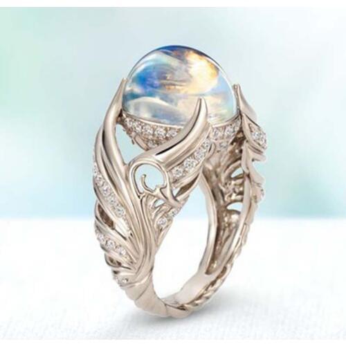 Vintage Angel Wings Moonstone Ring Female Luxury Wedding Round Crystal Stone Ring for Women Costume Jewelry Gift Accessoires