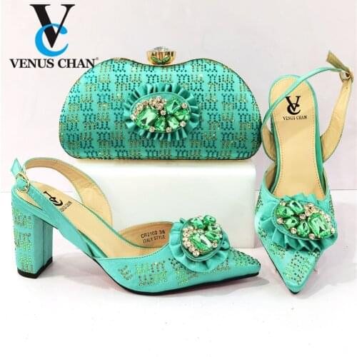 Green Color Decoration Fashion Italian Design Sepcial Butterfly-Kont Style Colorful Crystal 2021 Party Women Shoes and Bag Set