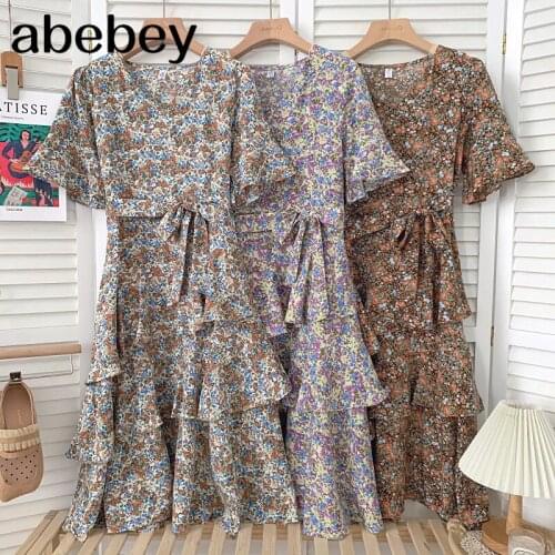 Fashion versatile V-neck flared sleeve Dress waist bandage irregular Ruffles floral print Dress 2021 New Summer Women
