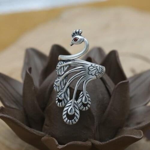 100% 990 Silver Peacock Ring Real Pure Silver Peacock Ring Adjustable Women Ring Jewelry Gift