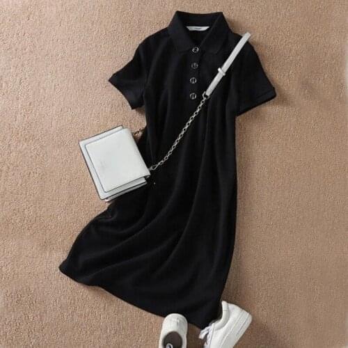 SURUFENG 2021 Summer Pullover Polo Dress Woman Plus Size Black Casual Knee-Length Straight Knitting Dresses Female