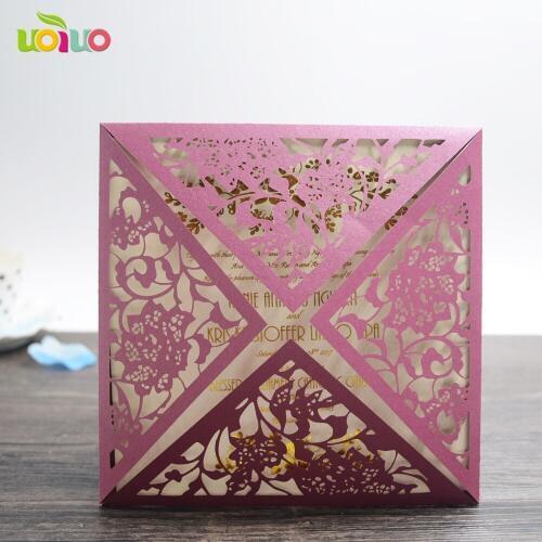 10sets hot sell burgundy color unique four folds laser cut flower lace wedding decoration invitation card for anniversary