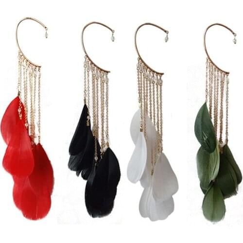 Bohemian Colour Feather Ear Hook Clip on Earrings Without Piercing for Women Accessories Long Tassels Cuff Long Earring Jewelry